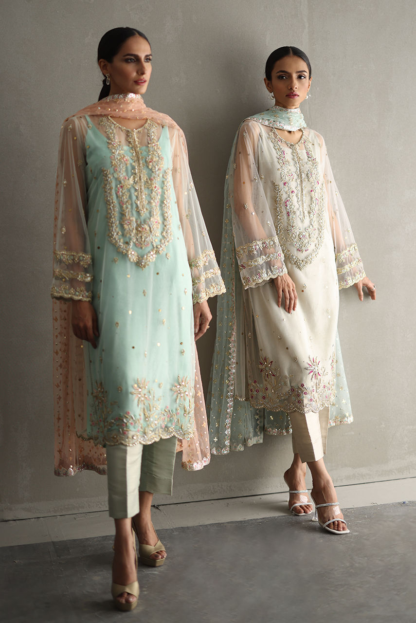 Pakistani Ivory Zardozi Embroidered Net Salwar Kameez (3-Piece) - Image 6