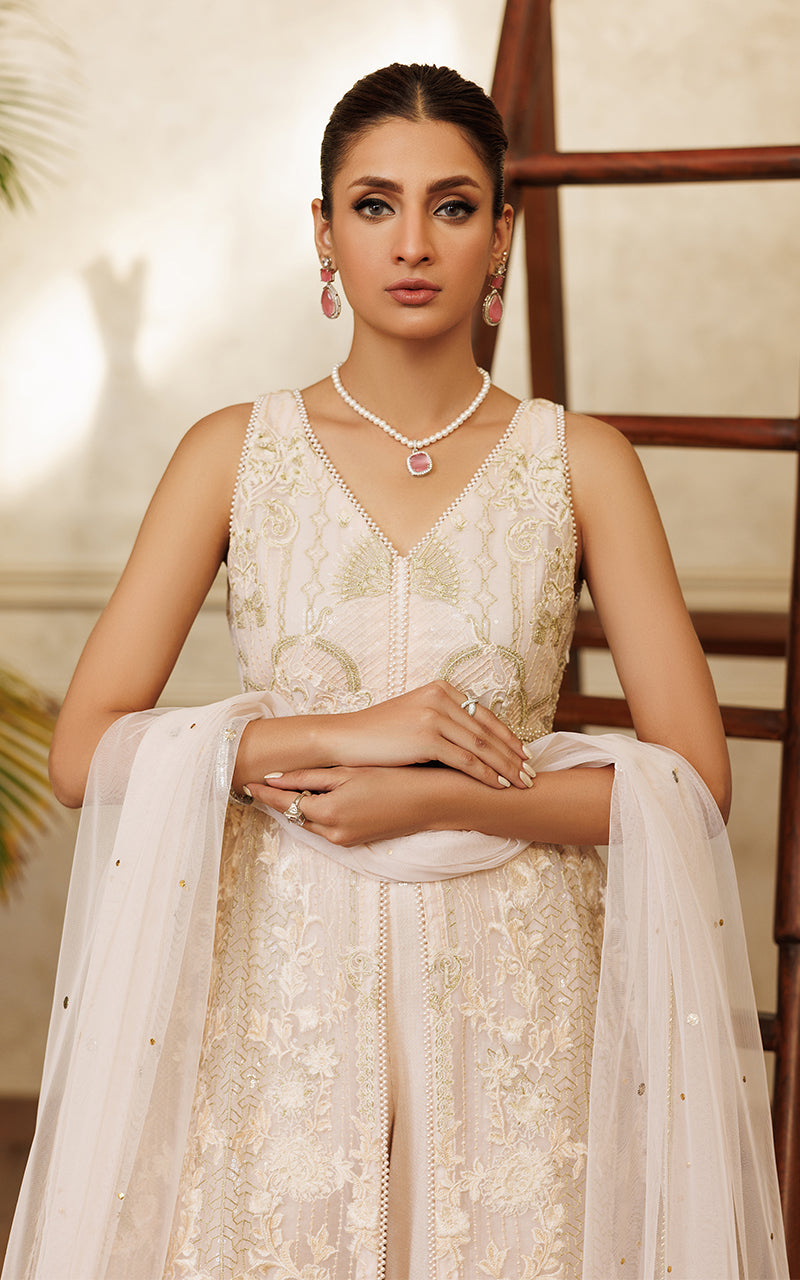 Pakistani Ivory Embroidered Net Front-Open Dress (3-Piece) - Image 2