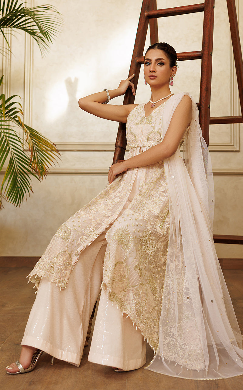 Pakistani Ivory Embroidered Net Front-Open Dress (3-Piece) - Image 5