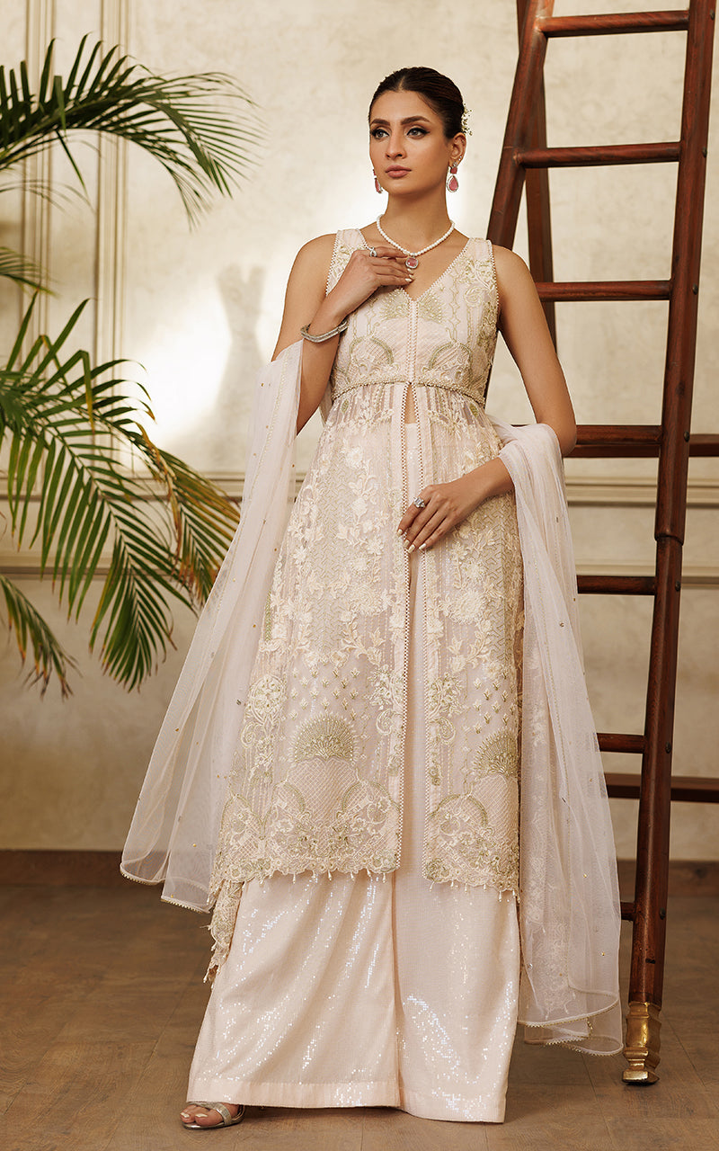 Pakistani Ivory Embroidered Net Front-Open Dress (3-Piece) - Image 6