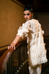 Off-White 3D Floral Embroidered Organza Salwar Kameez (2-Piece) - Image 3