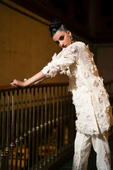 Off-White 3D Floral Embroidered Organza Salwar Kameez (2-Piece) - Image 4