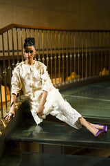 Off-White 3D Floral Embroidered Organza Salwar Kameez (2-Piece) - Image 5