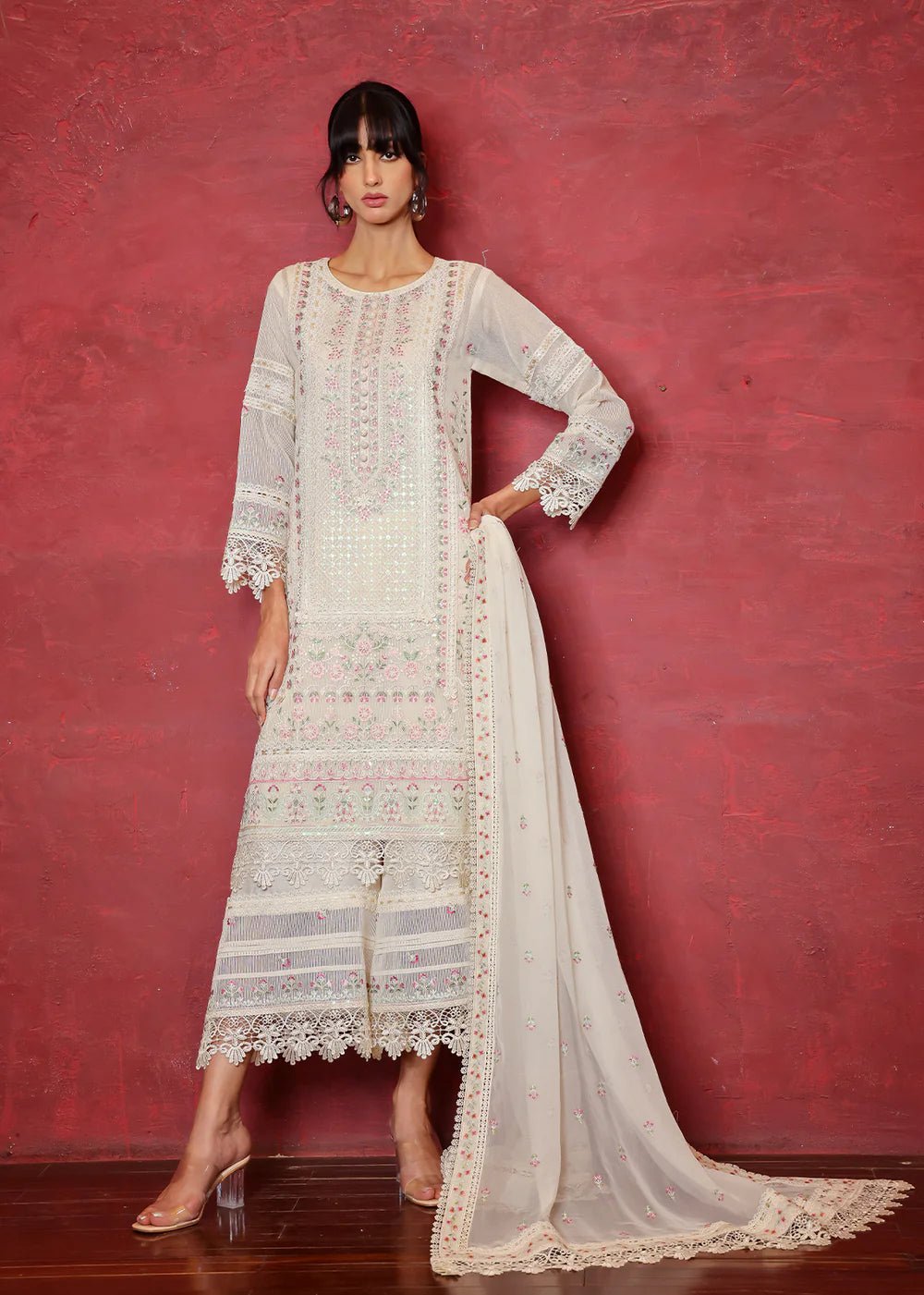 Pakistani Off-White Chikan Embroidered Organza Net Kurta (2-Piece) - Image 1