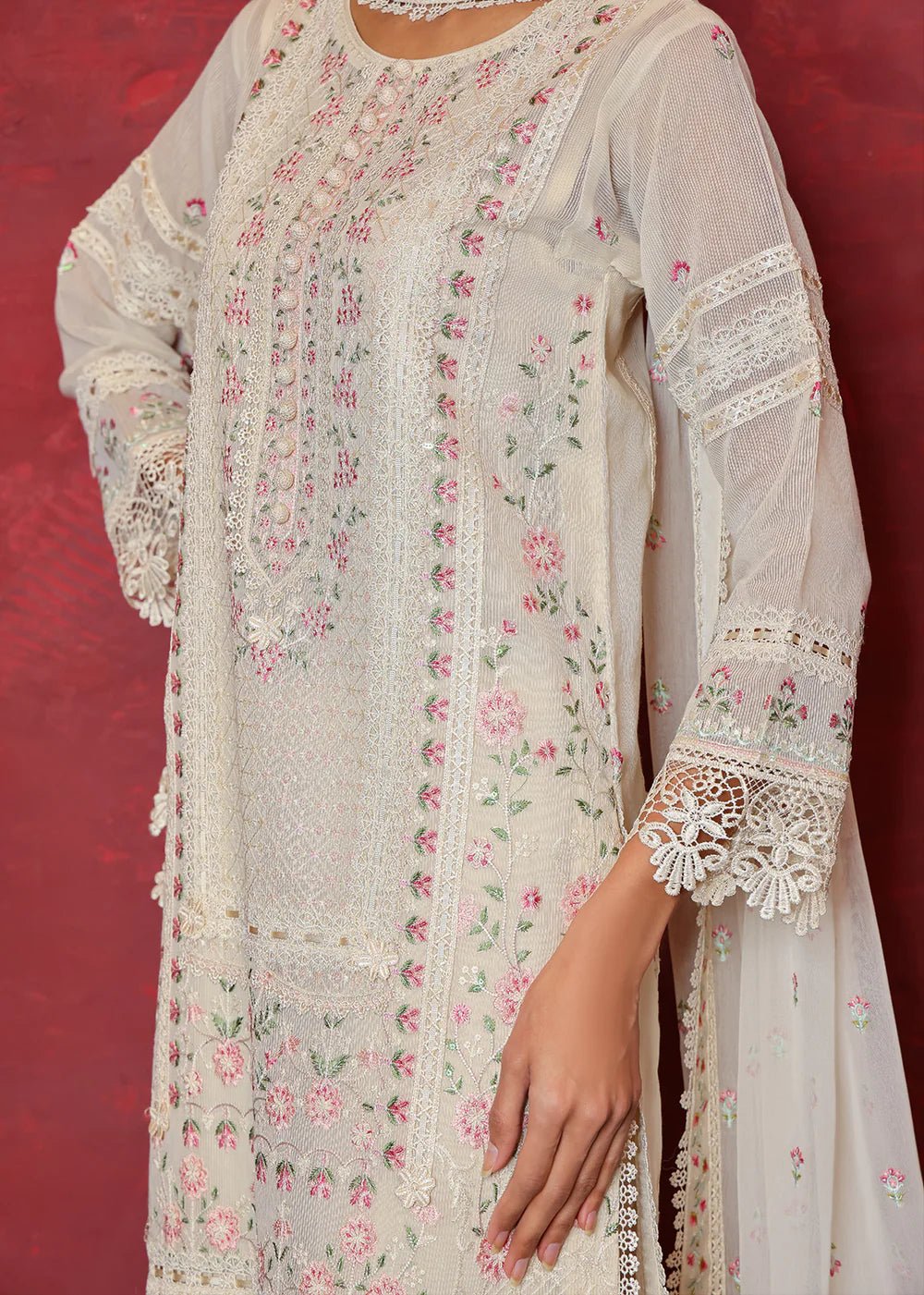 Pakistani Off-White Chikan Embroidered Organza Net Kurta (2-Piece) - Image 2
