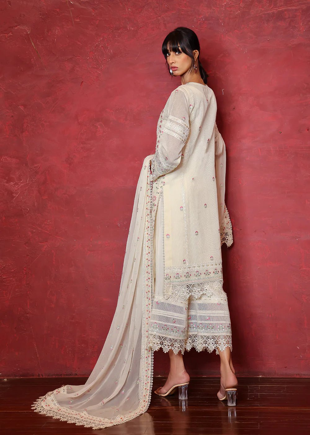 Pakistani Off-White Chikan Embroidered Organza Net Kurta (2-Piece) - Image 3