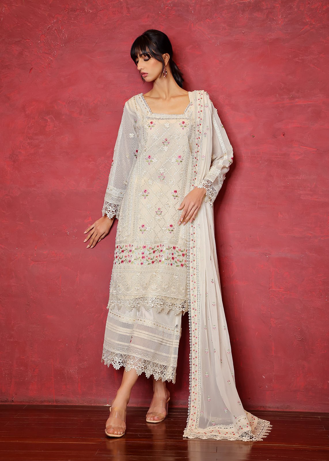 Off-White Chikan Embroidered Organza Net Kurta (2-Piece) - Image 1
