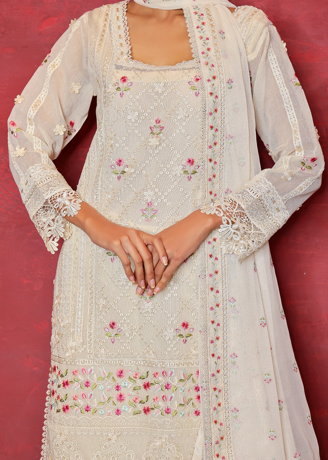 Off-White Chikan Embroidered Organza Net Kurta (2-Piece) - Image 3