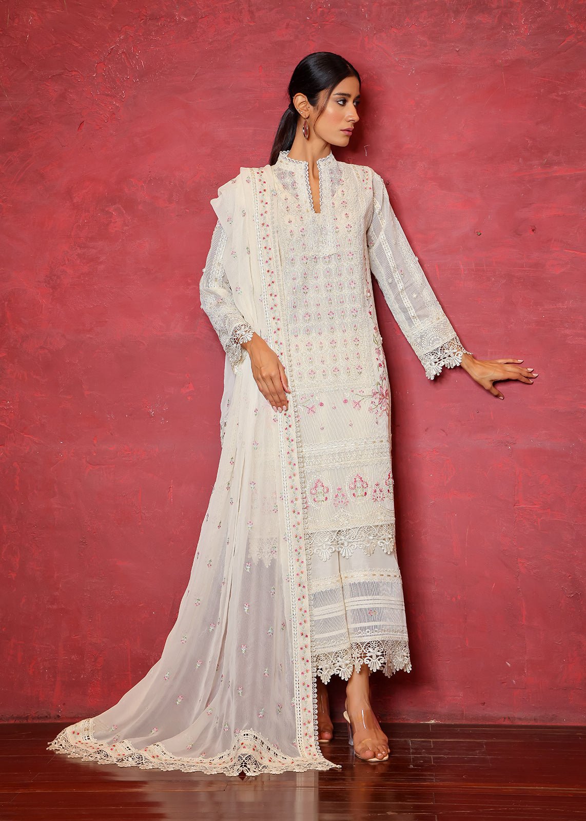Pakistani Off-White Chikan Embroidered Organza Net Salwar Kameez (3-Piece) - Image 1
