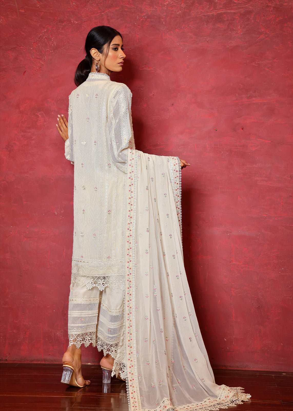 Pakistani Off-White Chikan Embroidered Organza Net Salwar Kameez (3-Piece) - Image 3