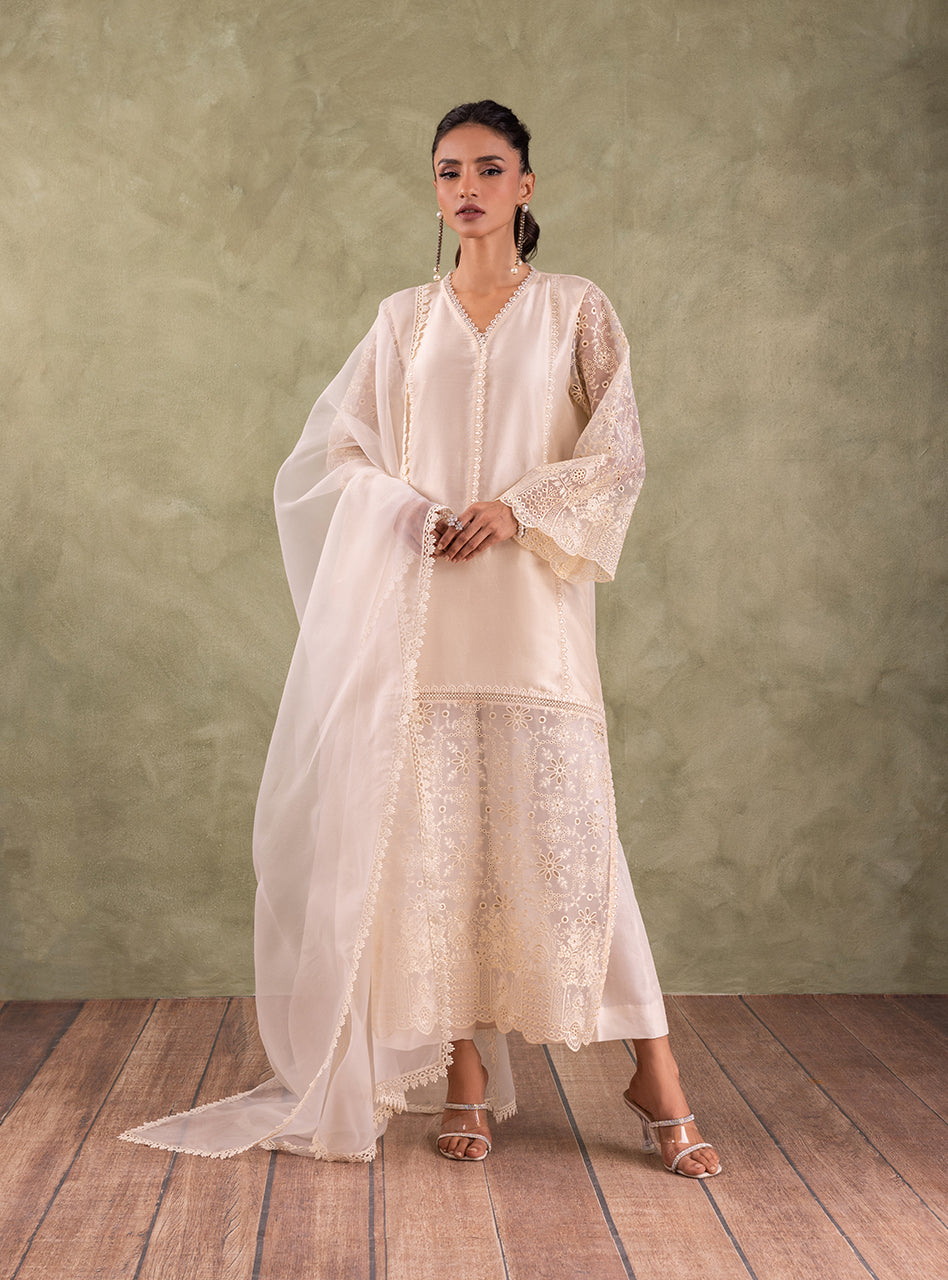 Ivory Chikankari Embroidered Organza Kameez (3-Piece) - Image 1