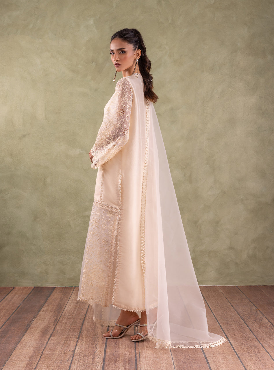 Ivory Chikankari Embroidered Organza Kameez (3-Piece) - Image 2