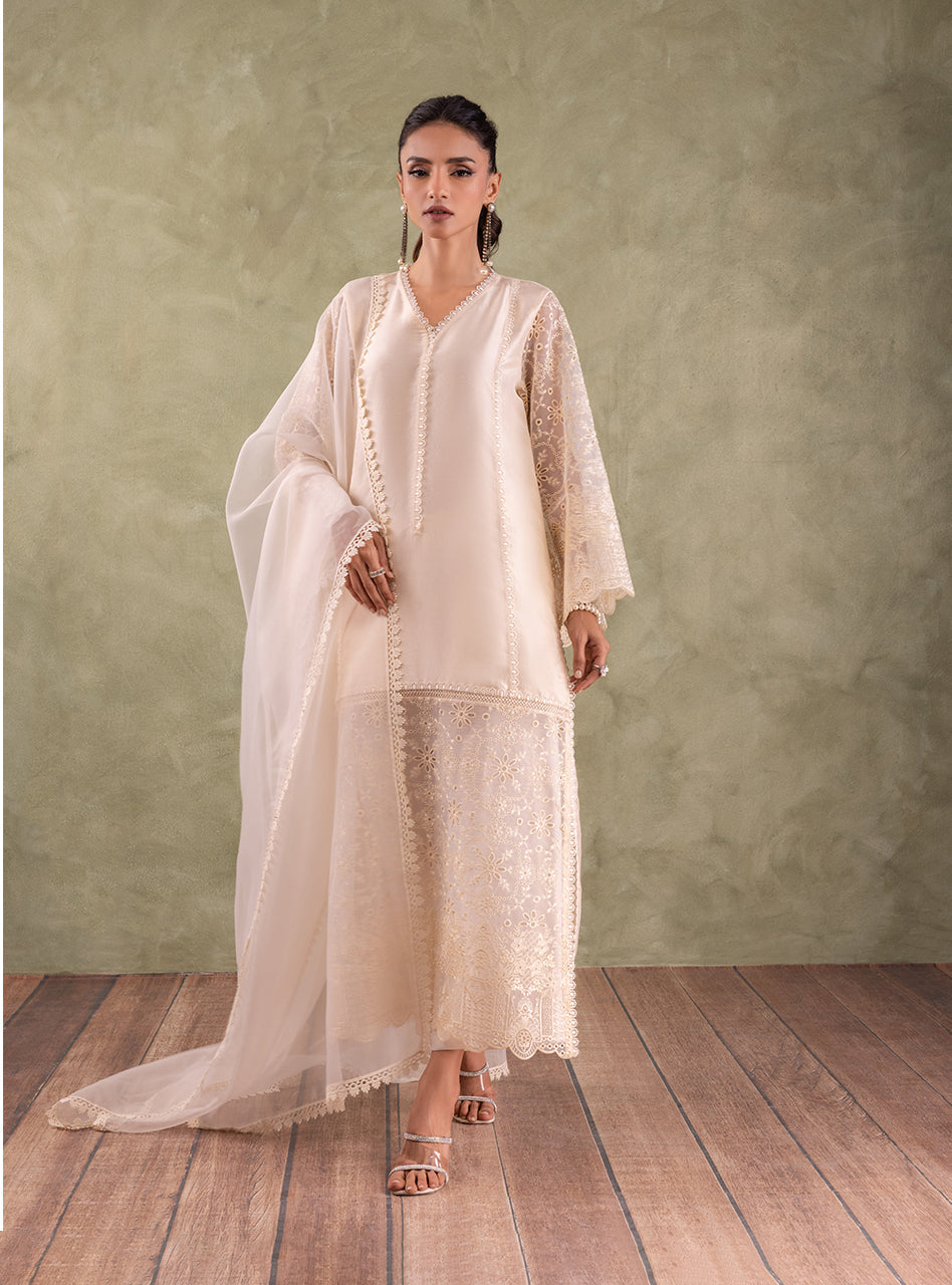 Ivory Chikankari Embroidered Organza Kameez (3-Piece) - Image 3