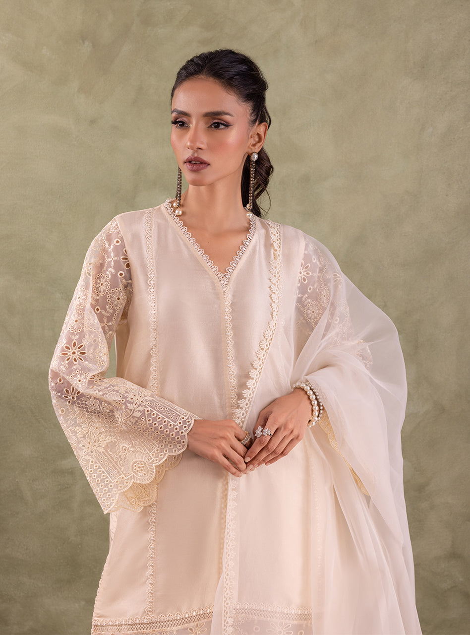 Ivory Chikankari Embroidered Organza Kameez (3-Piece) - Image 5