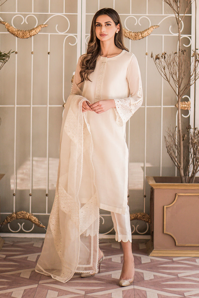 Pakistani Off-White Ivory Embroidered Salwar Kameez (3-Piece) - Image 1