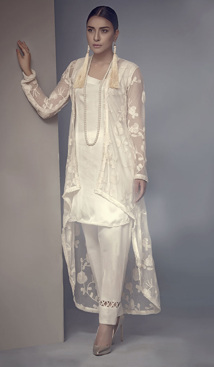 Ivory Embroidered Organza Long Jacket Salwar Kameez (2-Piece) - Image 1