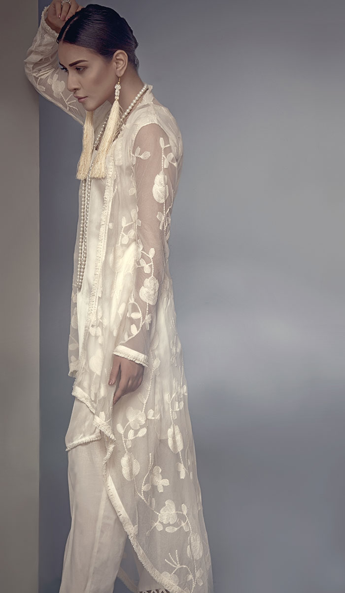 Ivory Embroidered Organza Long Jacket Salwar Kameez (2-Piece) - Image 2