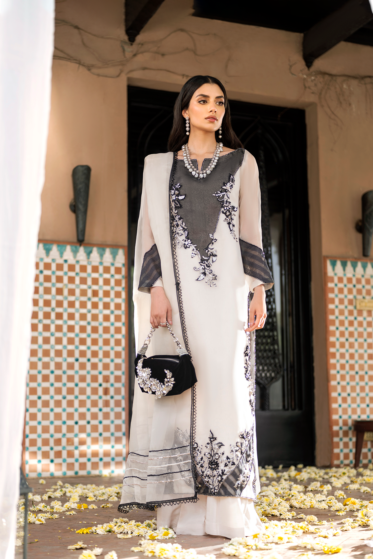 Ivory Black Embroidered Pure Organza Salwar Kameez (3-Piece) - Image 1