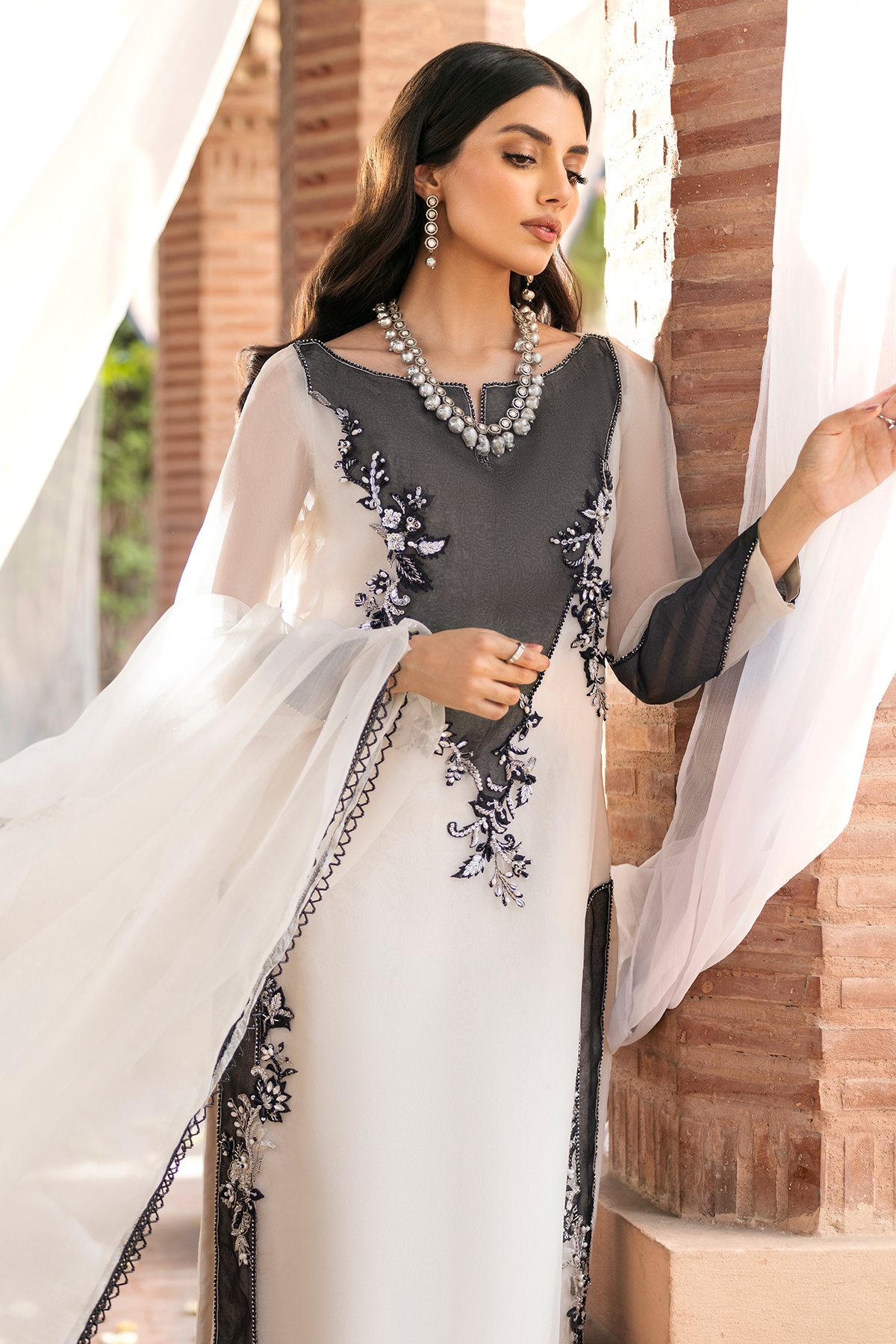 Ivory Black Embroidered Pure Organza Salwar Kameez (3-Piece) - Image 2