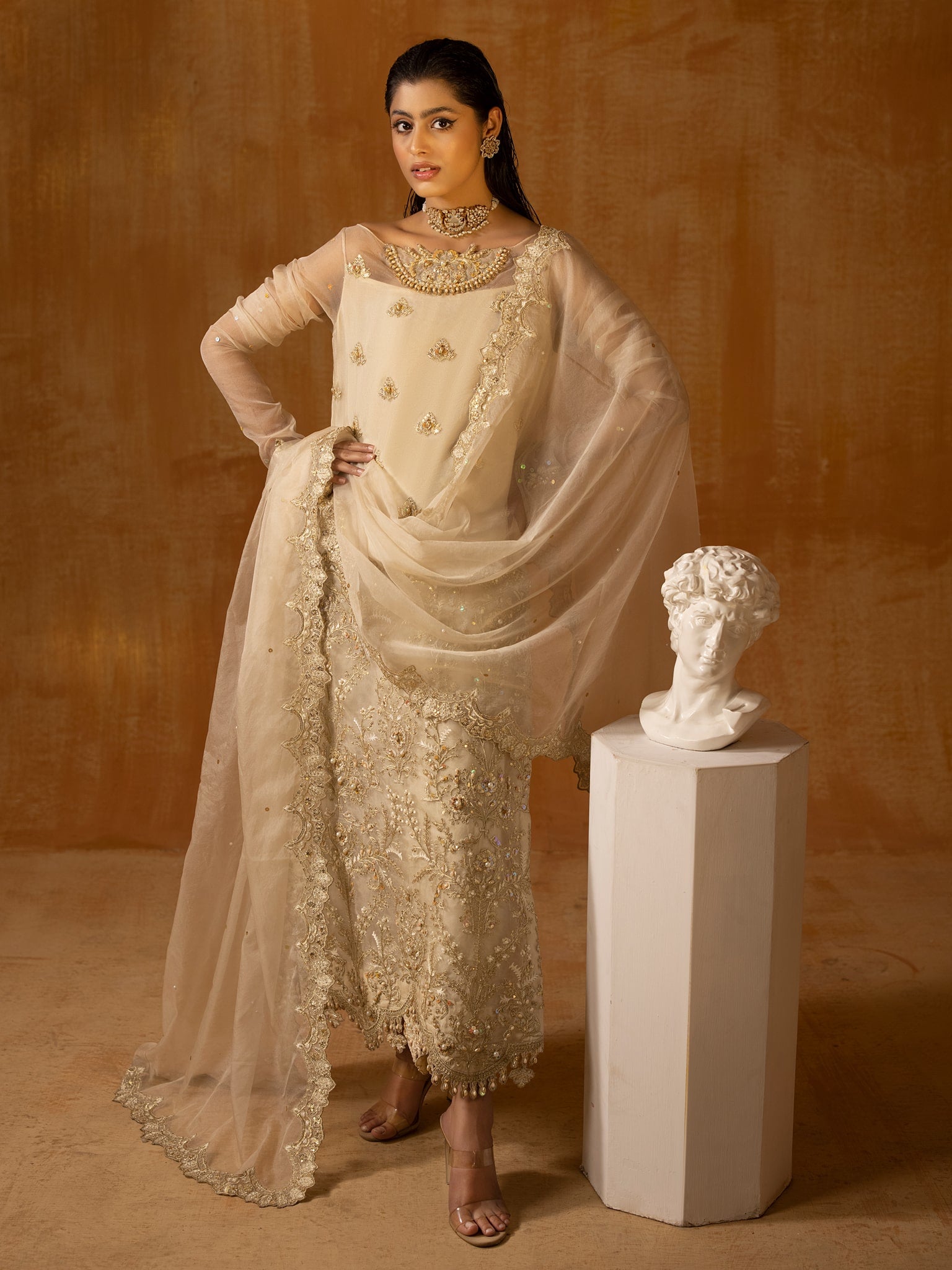 Off-White Embroidered Organza Long Shirt (3-Piece) - Image 1