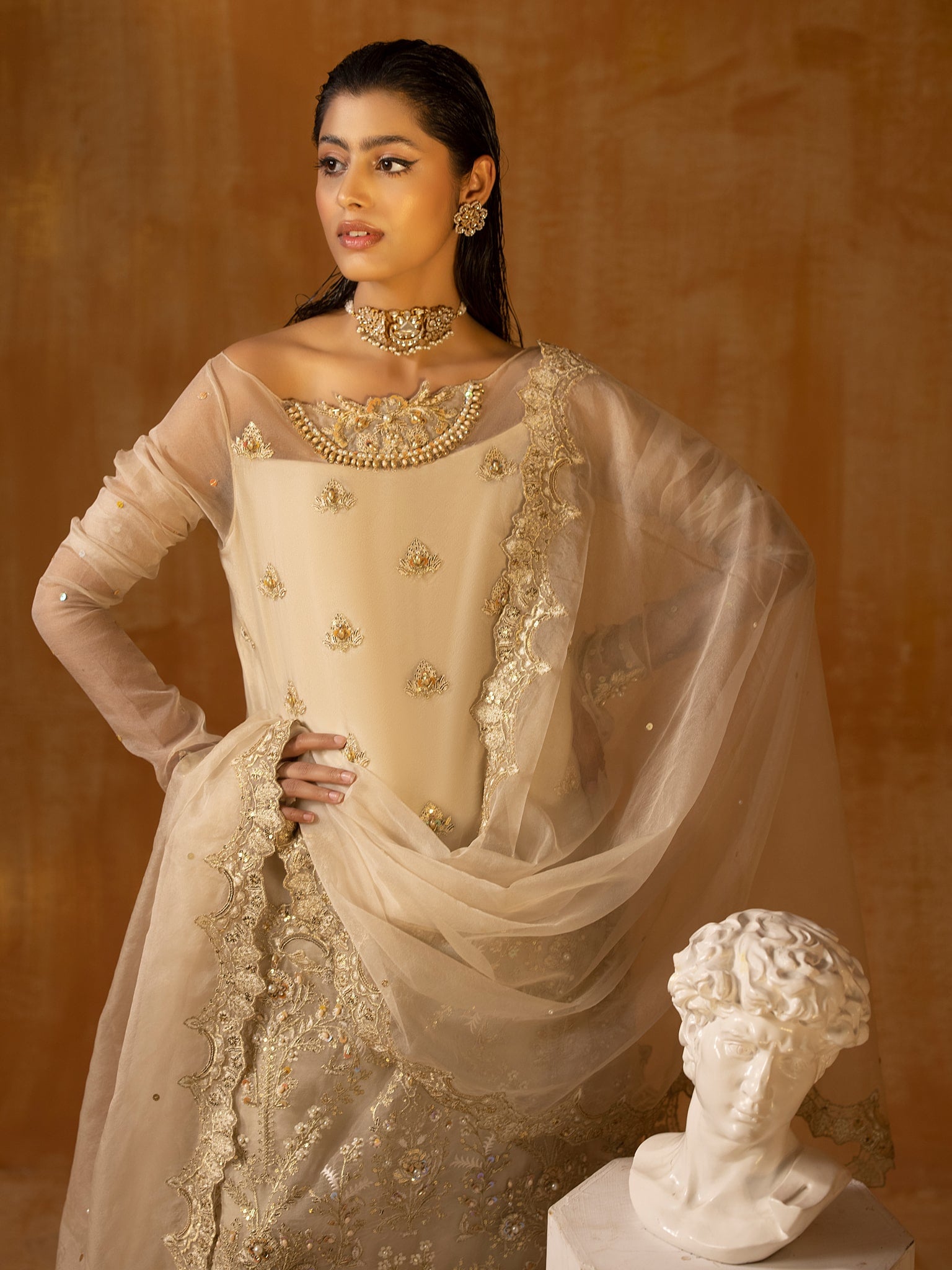 Off-White Embroidered Organza Long Shirt (3-Piece) - Image 2