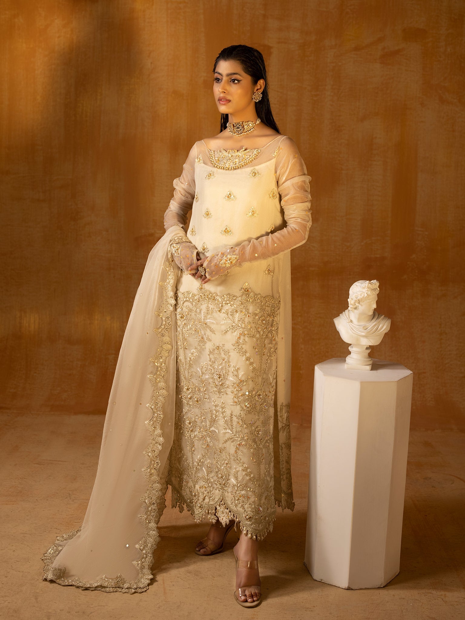 Off-White Embroidered Organza Long Shirt (3-Piece) - Image 3