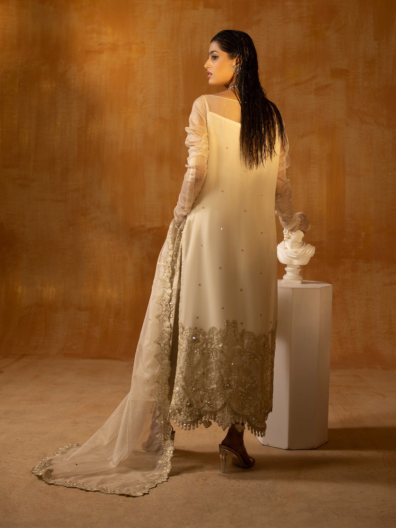 Off-White Embroidered Organza Long Shirt (3-Piece) - Image 4