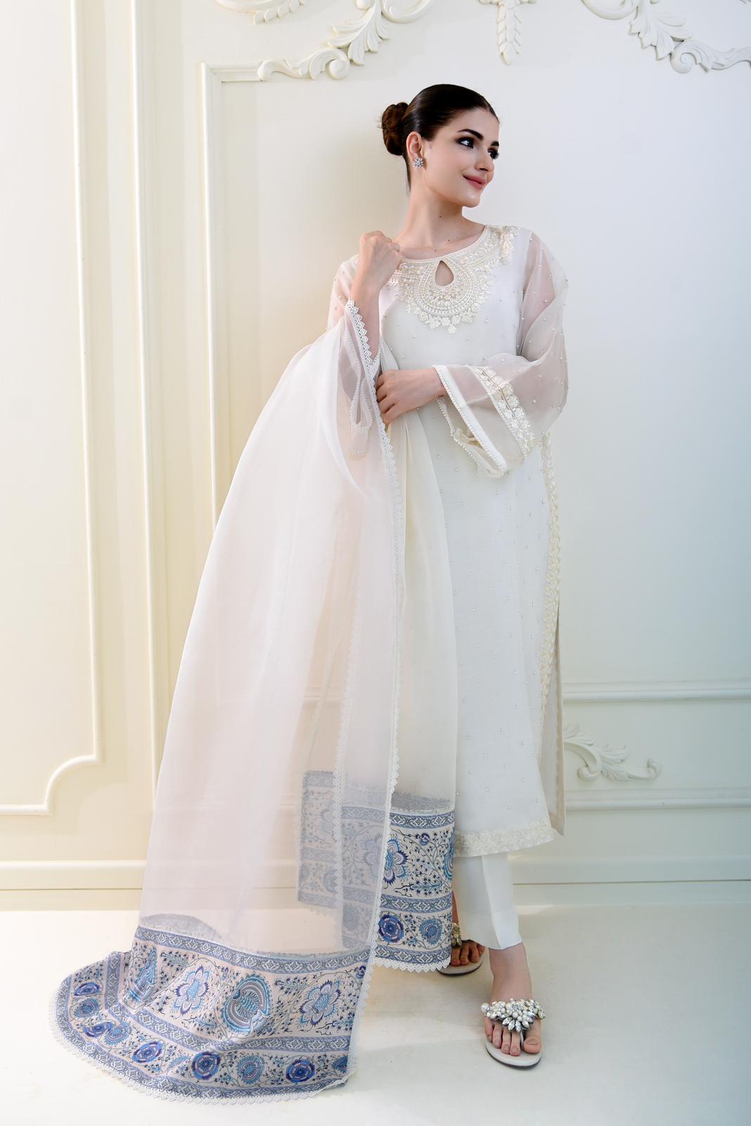 Off-White Pearl Embroidered Organza Salwar Kameez (3-Piece) - Image 1