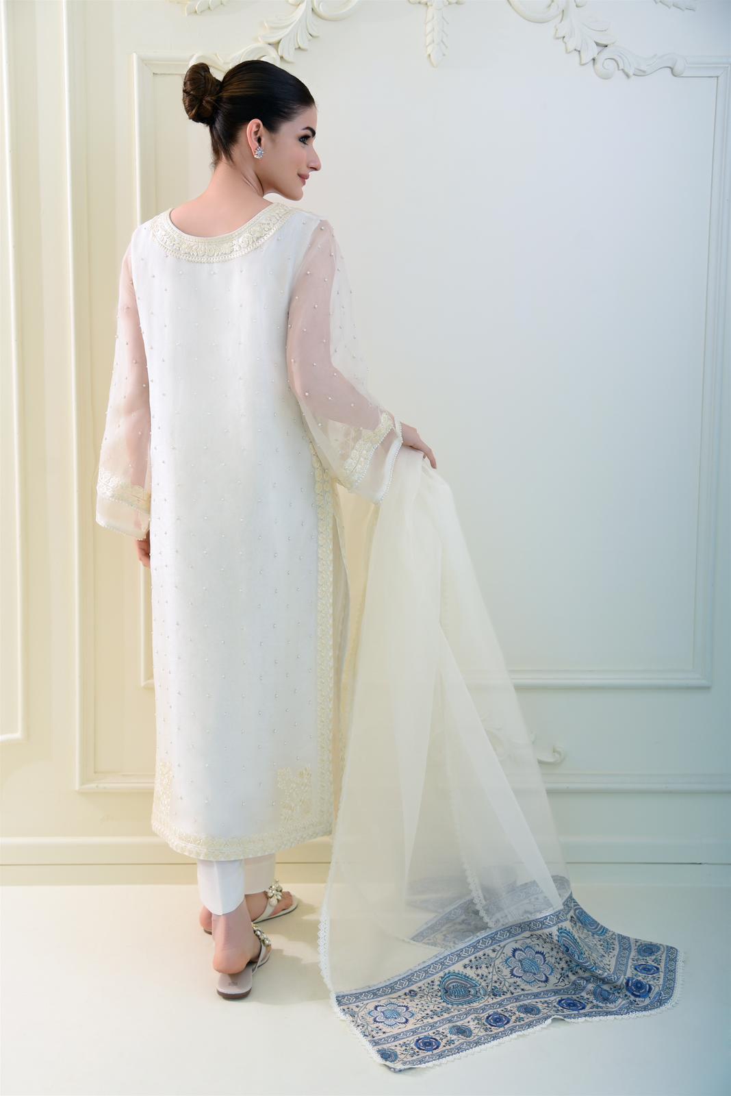 Off-White Pearl Embroidered Organza Salwar Kameez (3-Piece) - Image 3