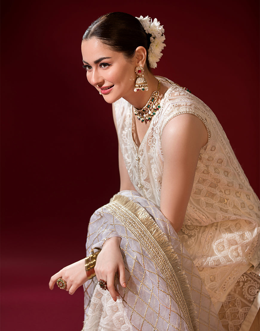 Pakistani Ivory Embroidered Organza Kurta Set (3-Piece) - Image 3