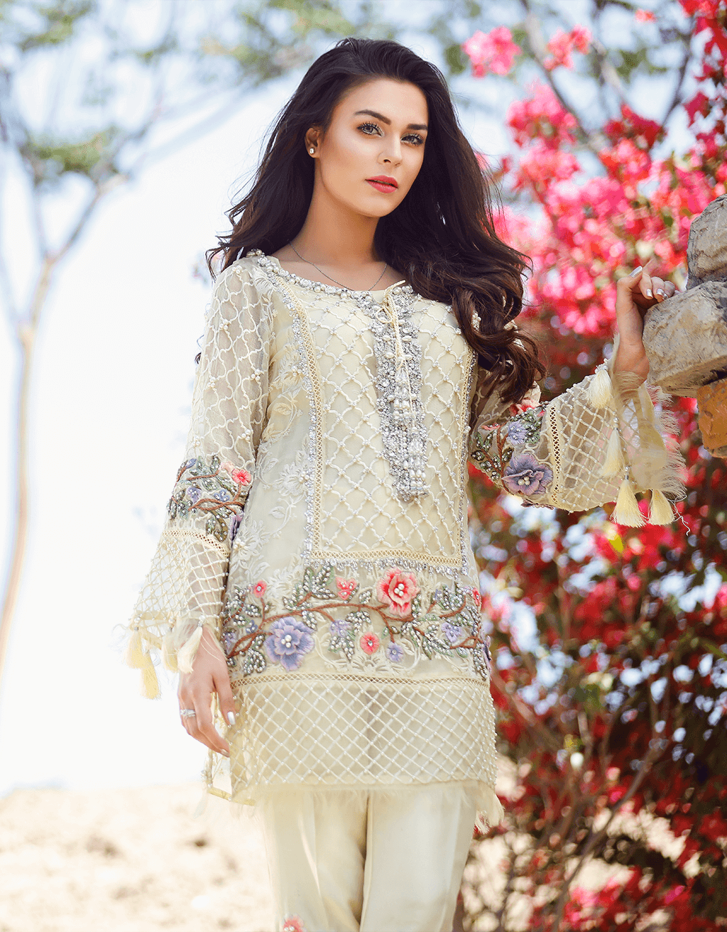 Pakistani Off-White Embroidered Pure Organza 3-Piece Suit - Image 2