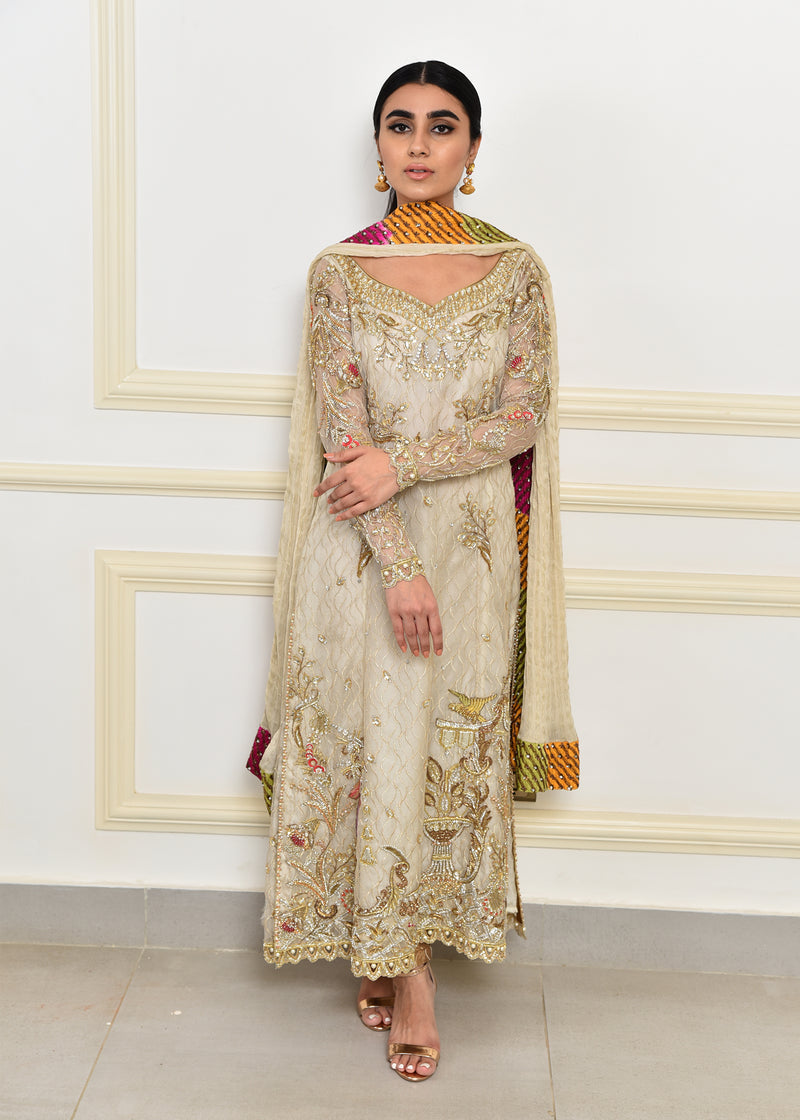 Ivory Gold Embroidered Organza & Brocade Kameez (3-Piece) - Image 1
