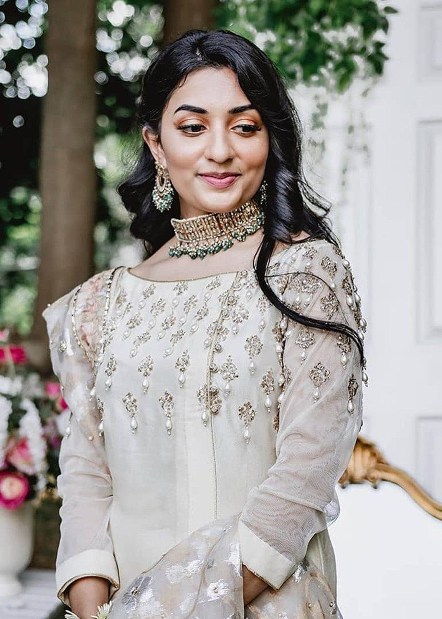 Pakistani Ivory Embellished Organza Salwar Kameez (3-Piece) - Image 2