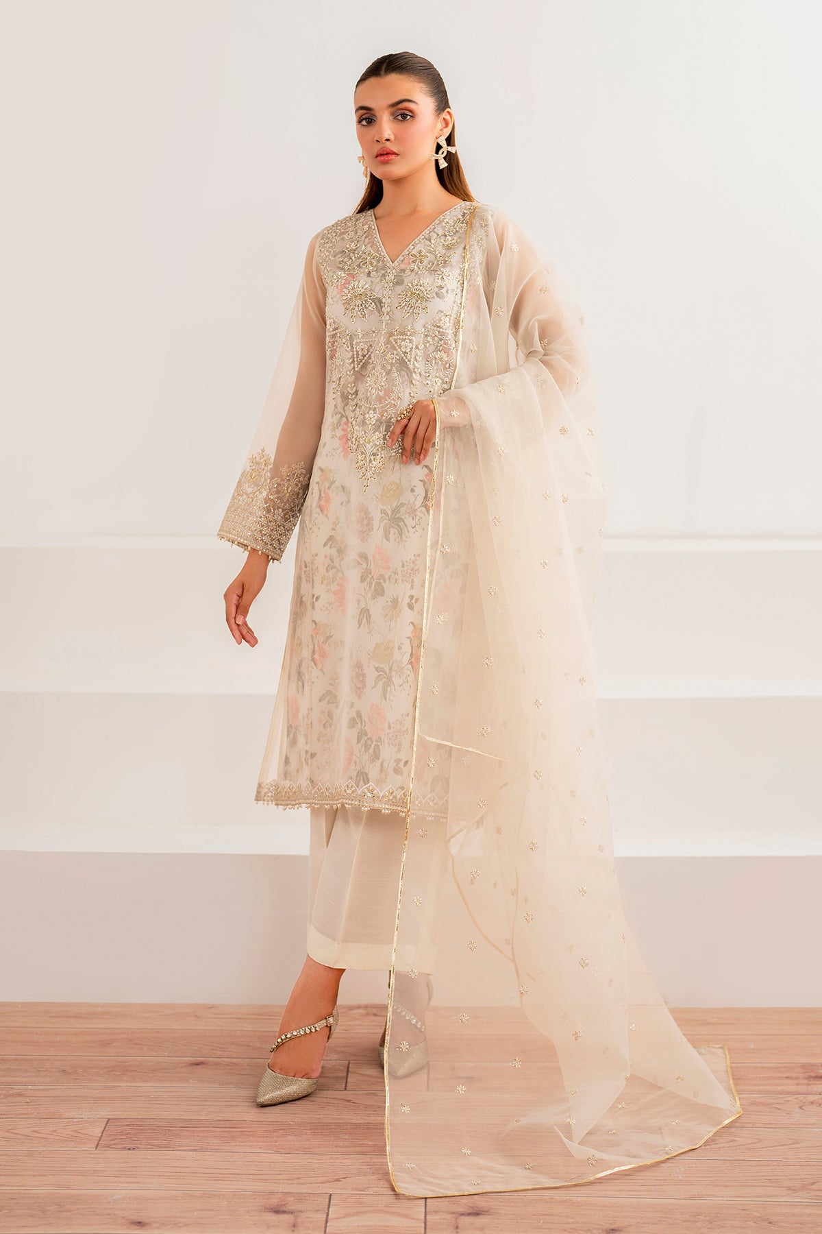 Ivory Embroidered Organza Straight Suit (3-Piece) - Image 1