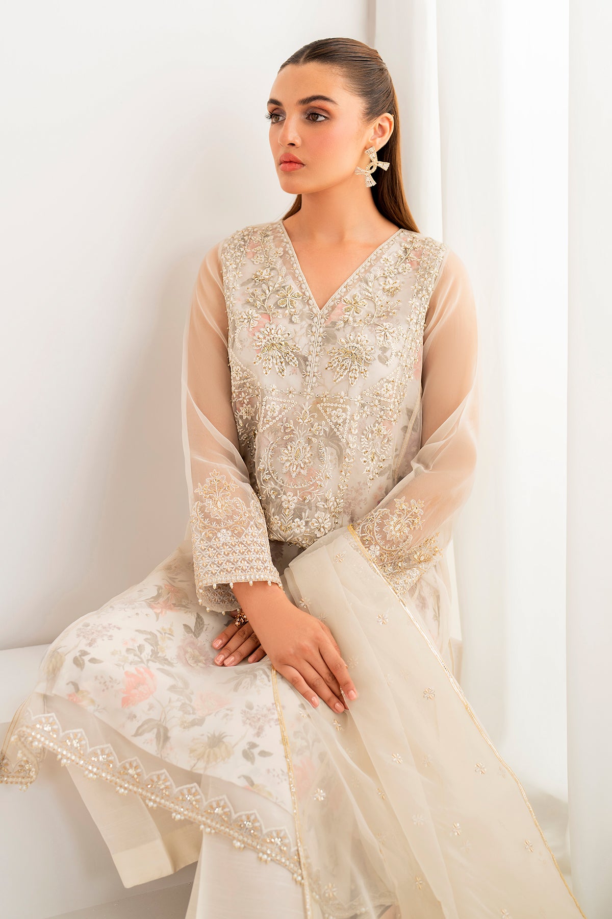 Ivory Embroidered Organza Straight Suit (3-Piece) - Image 3
