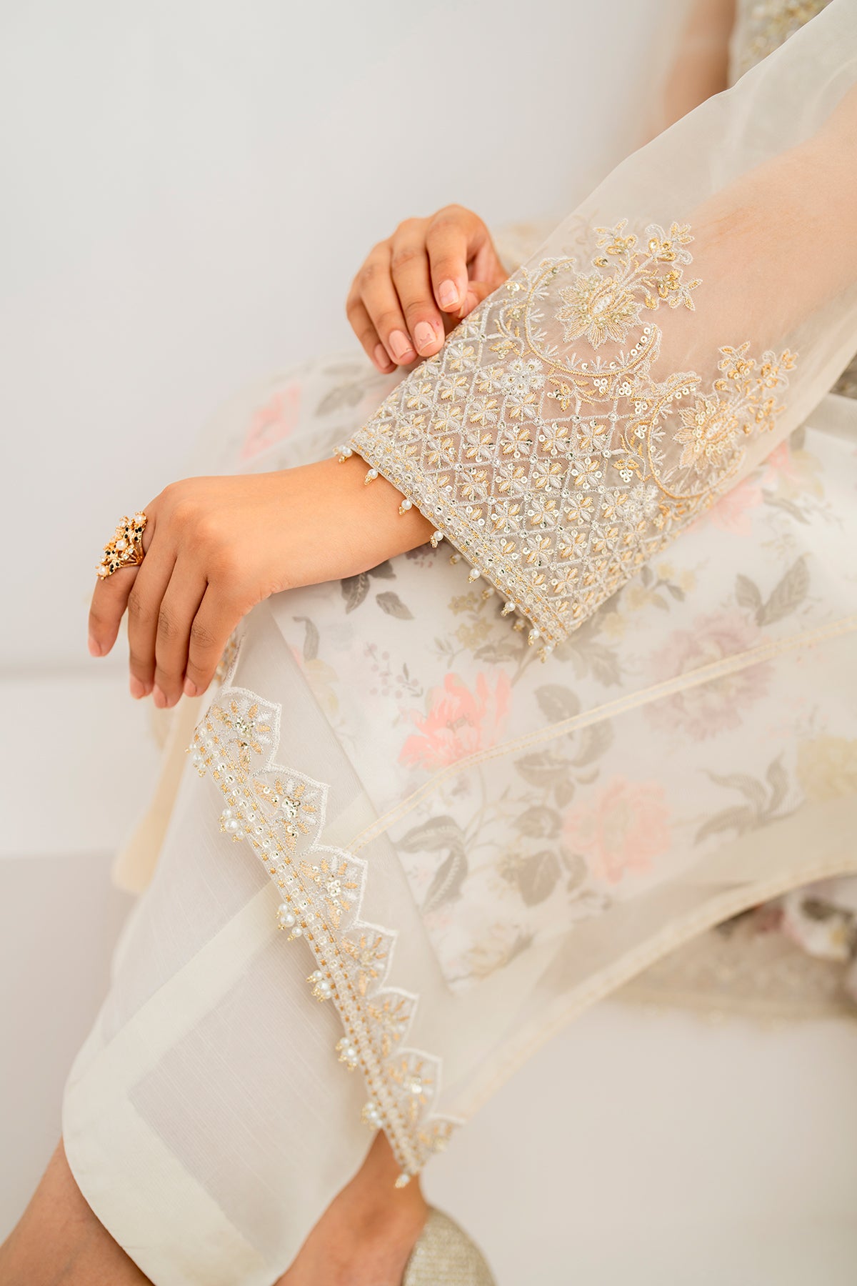 Ivory Embroidered Organza Straight Suit (3-Piece) - Image 5