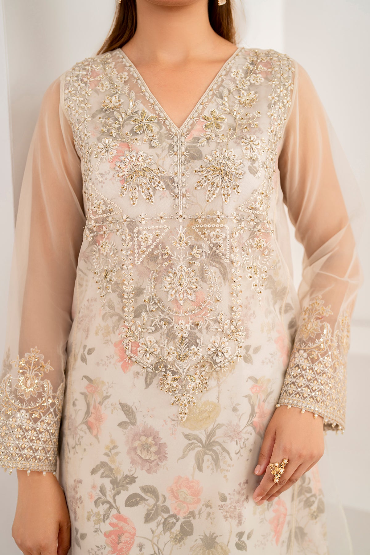 Ivory Embroidered Organza Straight Suit (3-Piece) - Image 6