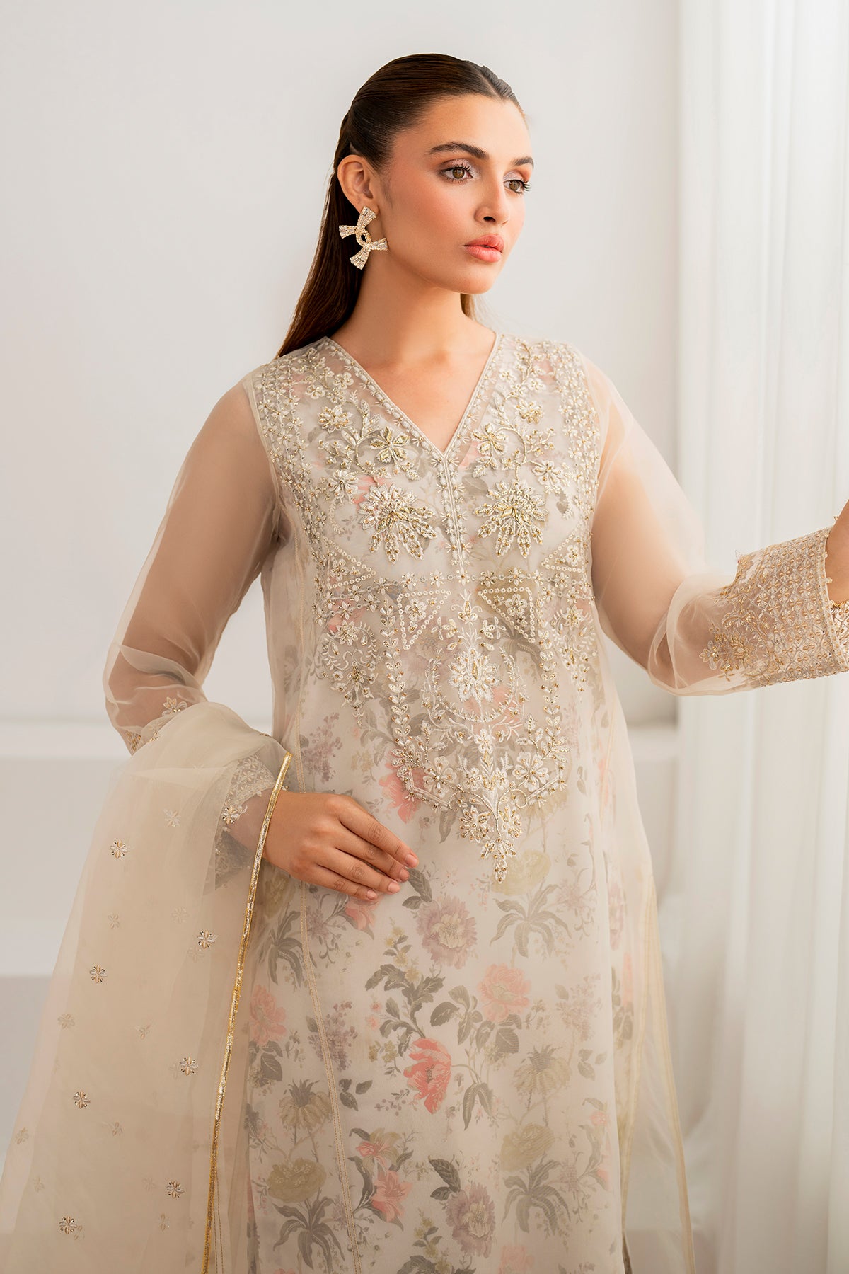 Ivory Embroidered Organza Straight Suit (3-Piece) - Image 7