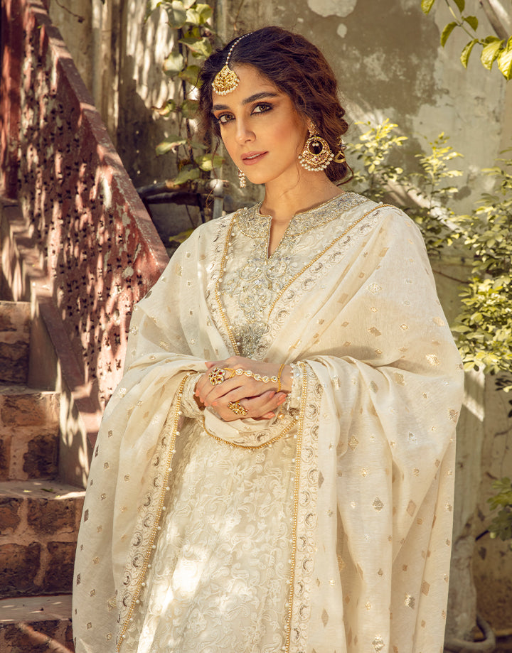 Pakistani Ivory Embroidered Organza Salwar Kameez (3-Piece) - Image 1