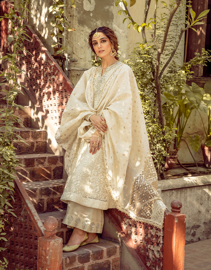 Pakistani Ivory Embroidered Organza Salwar Kameez (3-Piece) - Image 2