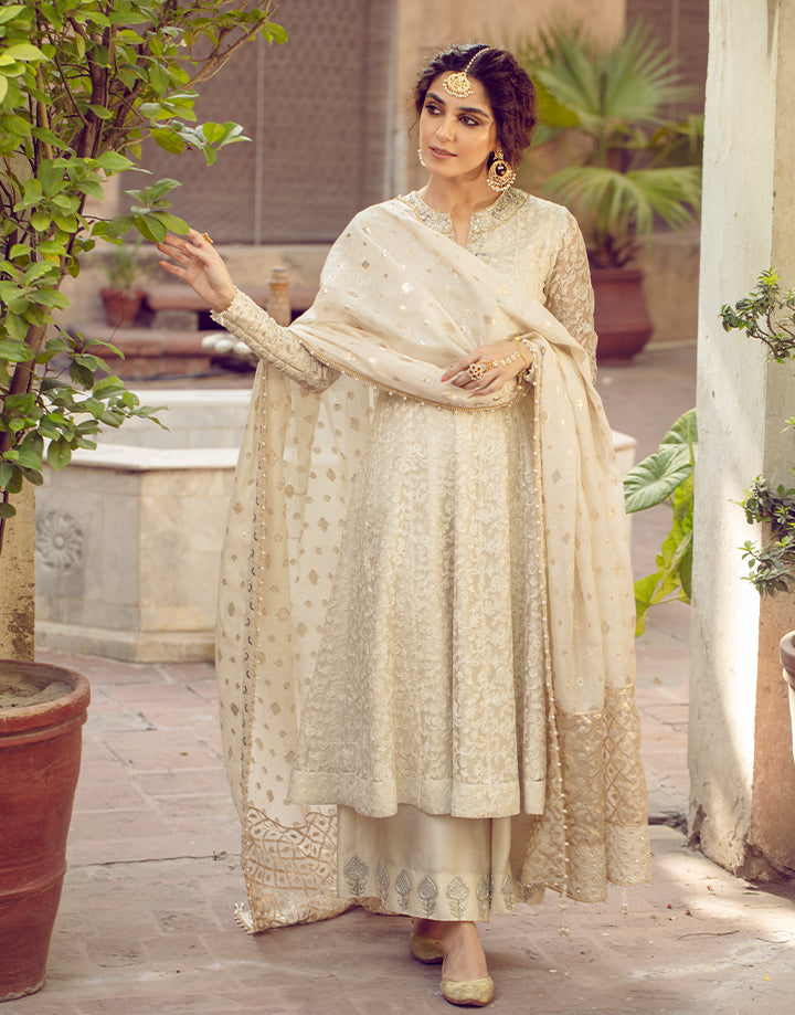 Pakistani Ivory Embroidered Organza Salwar Kameez (3-Piece) - Image 4