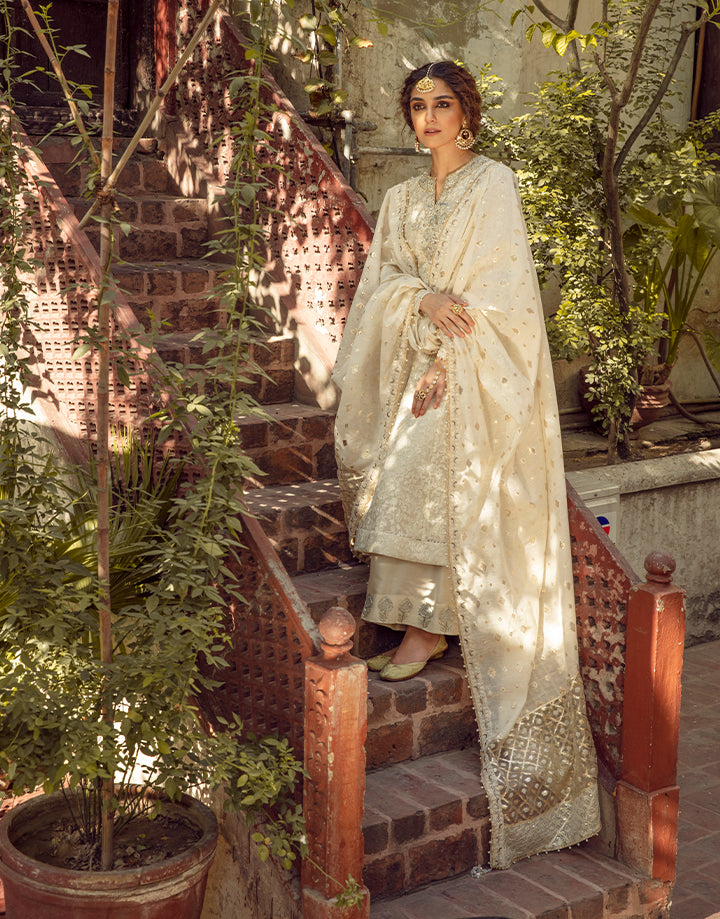 Pakistani Ivory Embroidered Organza Salwar Kameez (3-Piece) - Image 6