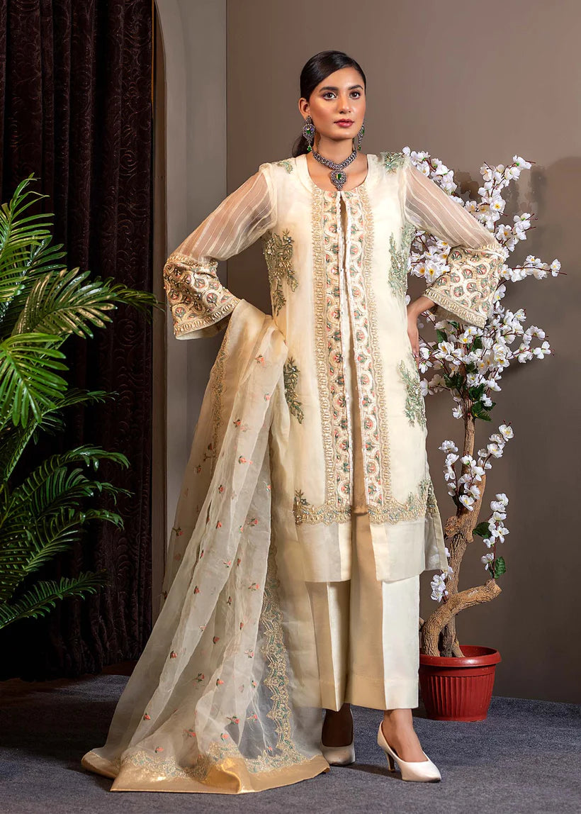 Ivory Embroidered Organza Salwar Kameez (3-Piece) - Image 1