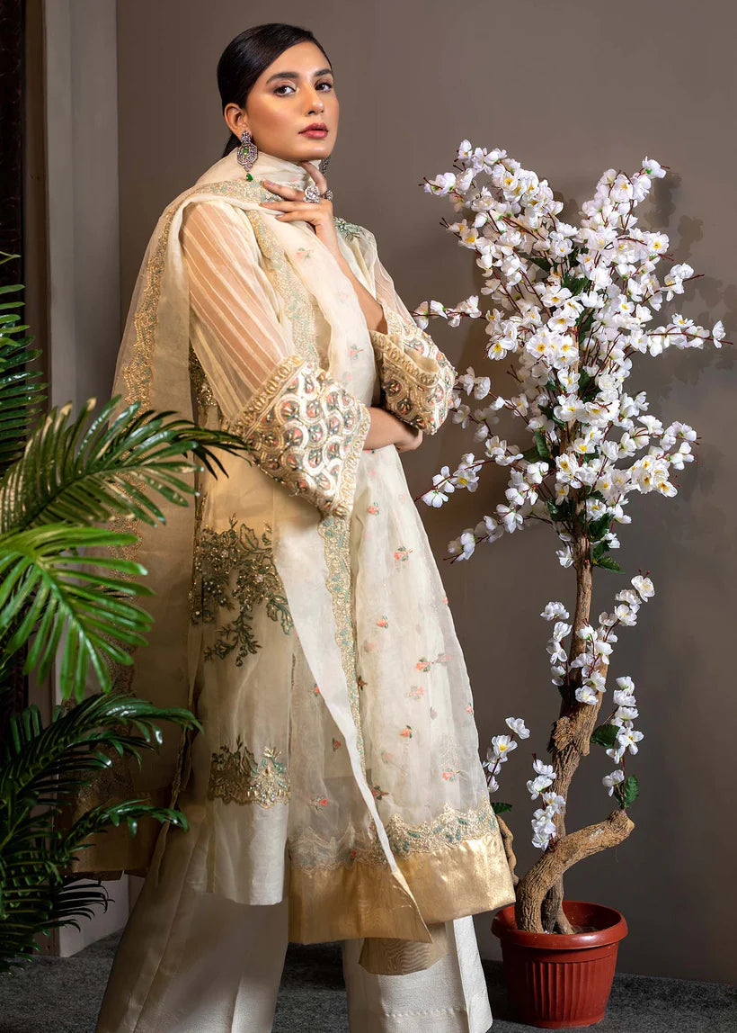 Ivory Embroidered Organza Salwar Kameez (3-Piece) - Image 2