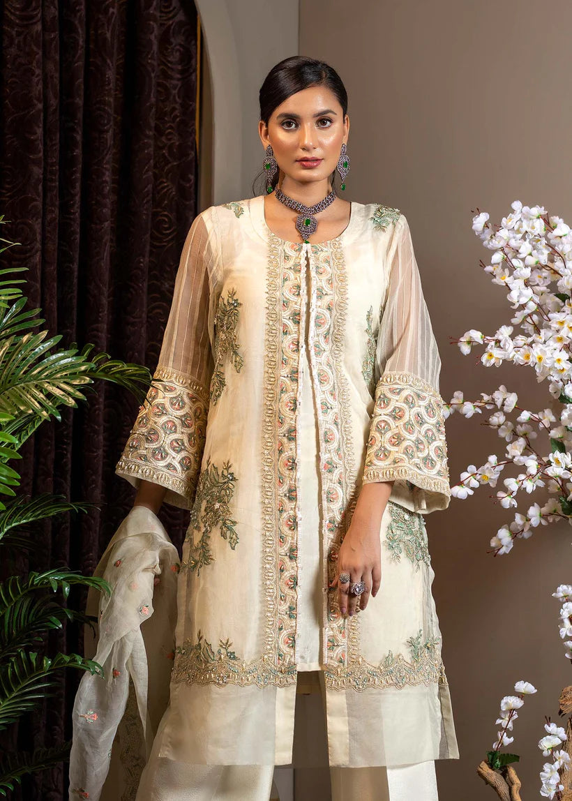 Ivory Embroidered Organza Salwar Kameez (3-Piece) - Image 4