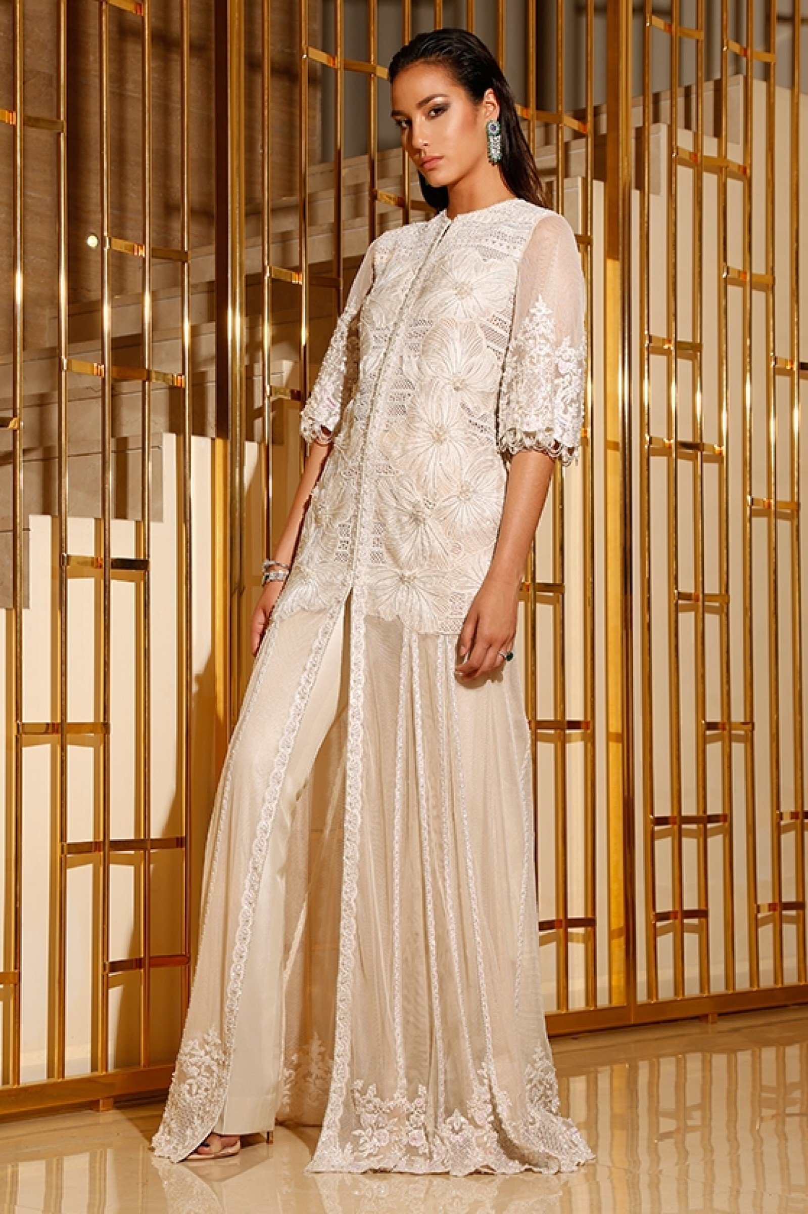 Pakistani Ivory Lace Embroidered Net Jacket Set (2-Piece) - Image 1