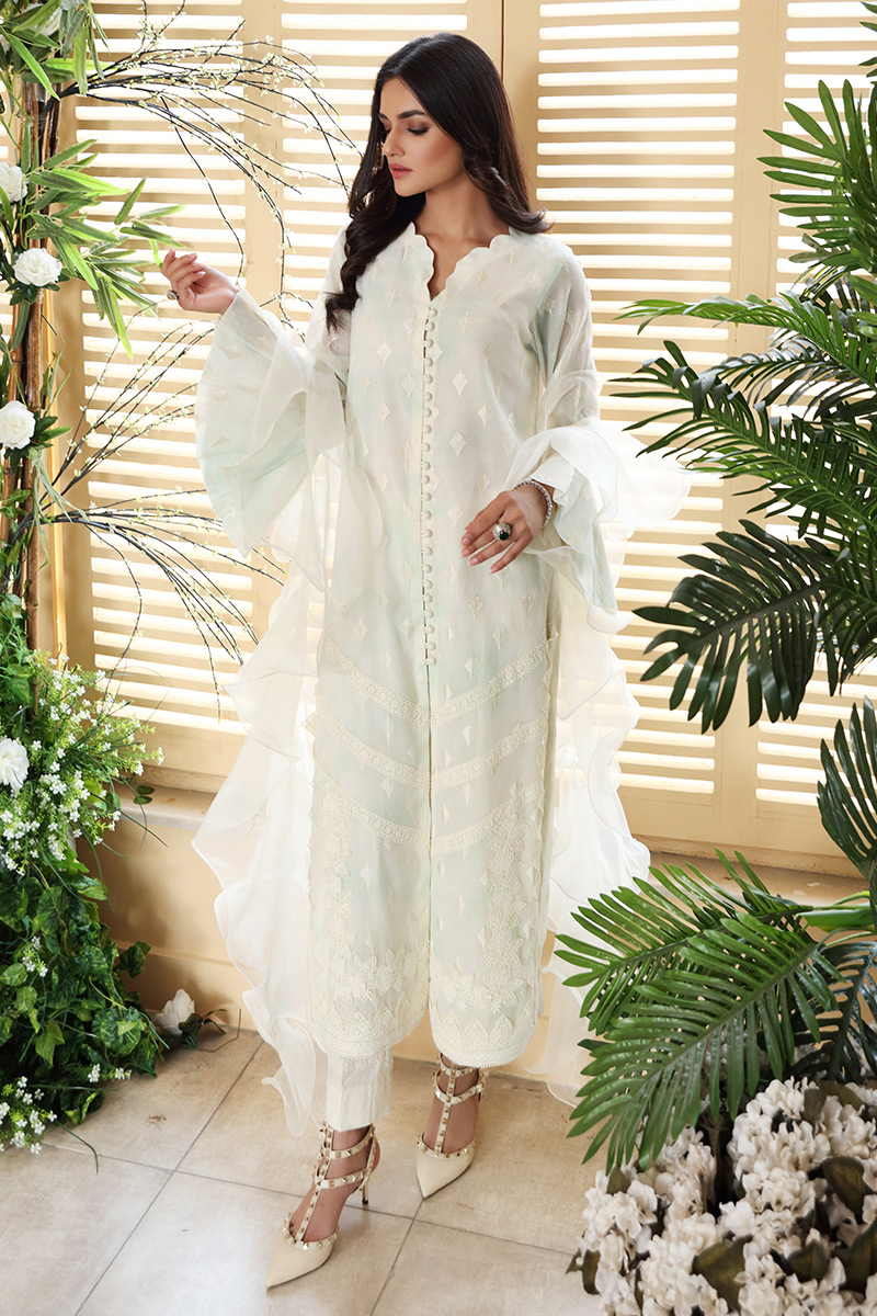 Pakistani Off-White Tie-Dye Embroidered Organza Lawn Salwar Kameez (3-Piece) - Image 1