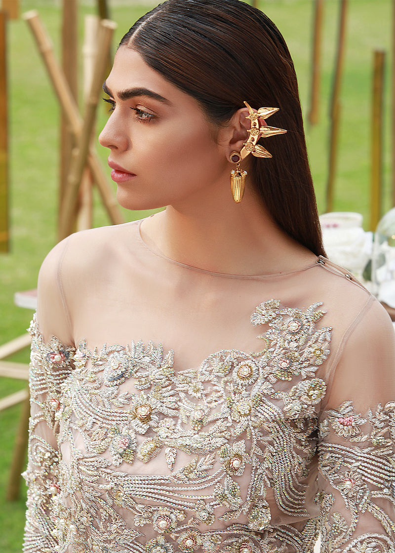 Nude Embroidered Organza & Net Long Shirt (2-Piece) - Image 1