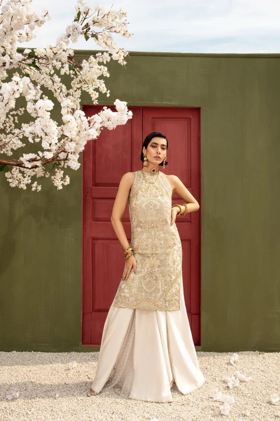 Ivory Hand-Embellished Organza Shirt with Raw Silk Pants (2-Piece) - Image 1