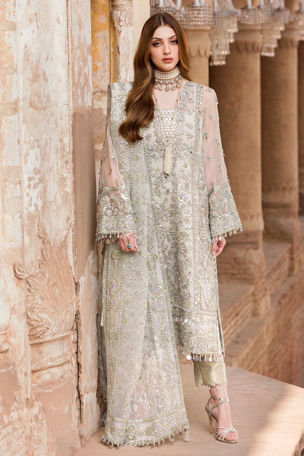 Pakistani Ivory Hand-Embellished Organza Salwar Kameez (3-Piece) - Image 1